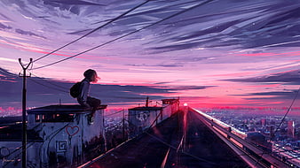 anime landscape, cityscape, scenic, sunset, anime girl, Anime, HD wallpaper