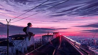 Anime scenery, sunset, anime school girl, clouds, artwork, Anime