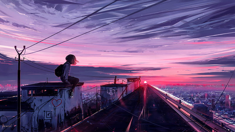 anime landscape, cityscape, scenic, sunset, anime girl, Anime, HD wallpaper