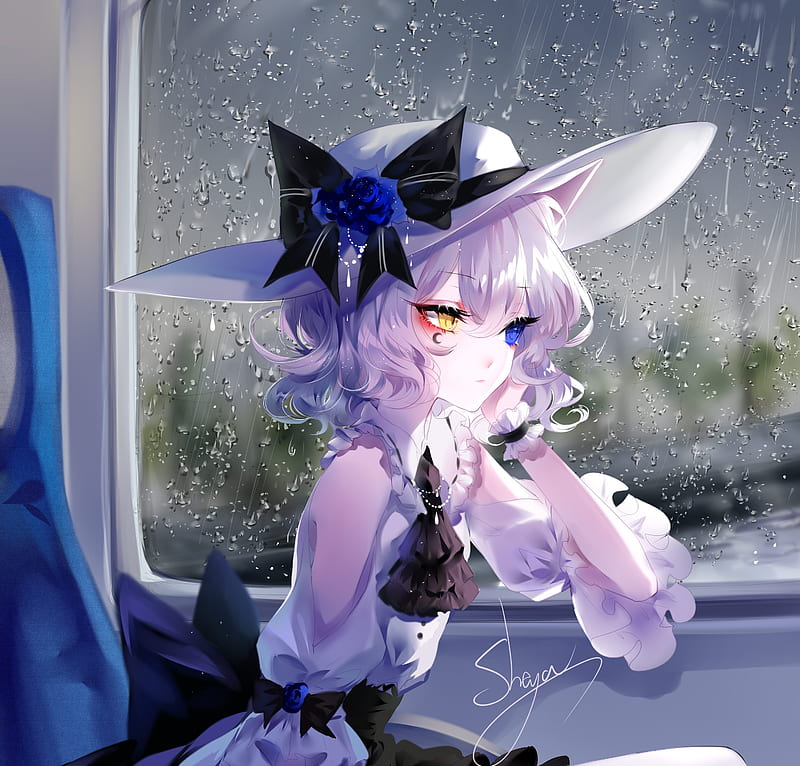 anime girl, train trip, heterochromia, hat, raining, window, mood, Anime, HD wallpaper