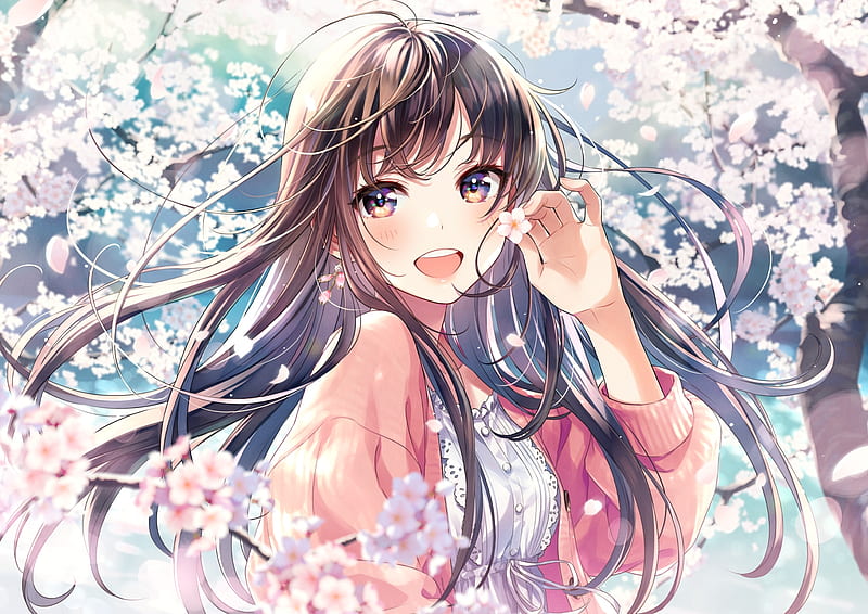 Sakura, petals, anime girl, cherry, pretty, blush, sakura blossom, bonito, adorable, cherry blossom, sweet, nice, anime, beauty, long hair, pink, lovely, female, brown hair, smile, smiling, happy, cute, kawaii, girl, flower, HD wallpaper