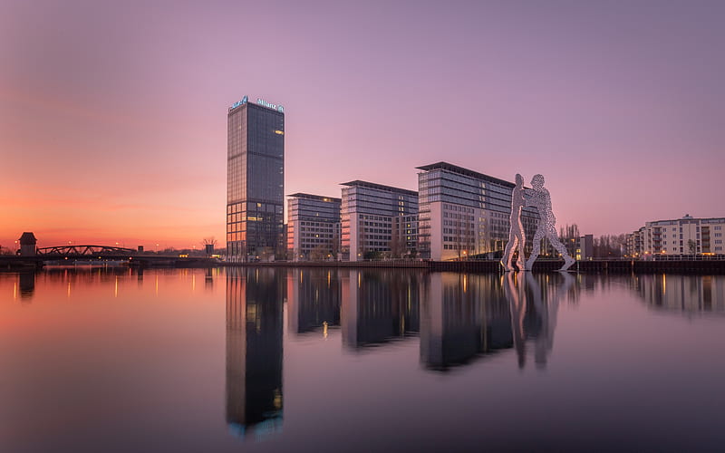 Berlin, Treptowers, Allianz Tower, Alt-Treptow, Spree River, evening, sunset, cityscape, modern buildings, Germany, HD wallpaper