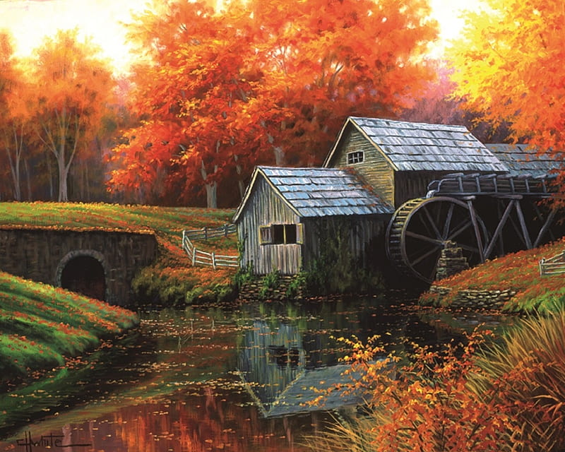 The Old Mill in October, fall season, autumn, colors, love four seasons, creek, attractions in dreams, trees, leaves, paintings, October, nature, mills, HD wallpaper
