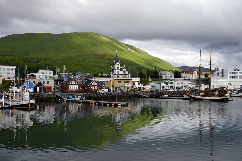 Idyllic Port, Ships, Green, Port, Idyllic, Iceland, Nature, HD wallpaper