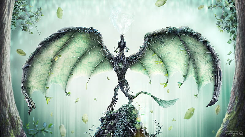 The guardian awakens, fantasy, wings, green, guardian, dragon, ography, HD wallpaper