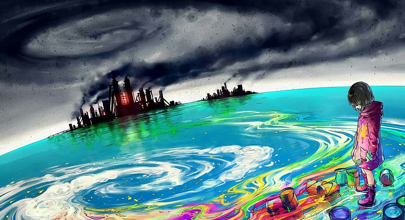 Anime, Sky, Smoke, Ocean, Paint, Colors, Factory, Original, Pollution, HD wallpaper