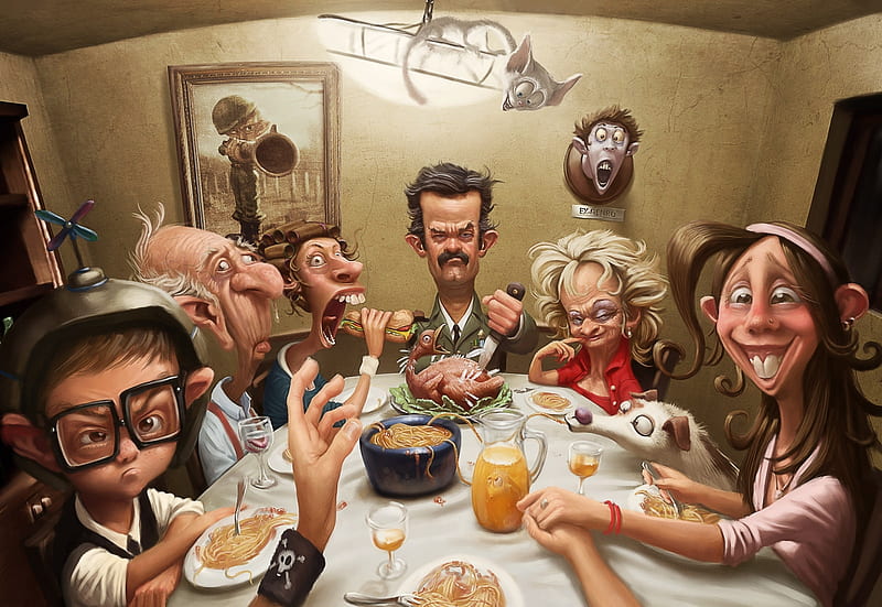 :D, table, freak, family, caricature, funny, humour, HD wallpaper