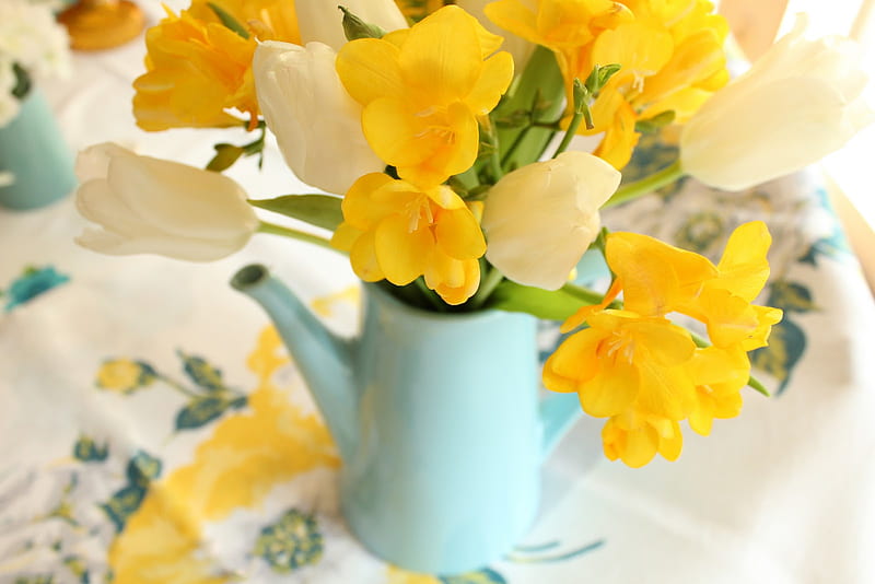Profusion of Blooms, autumn, sunny, vase, splendor, bright, flowers, tulips, morning, yellow-orange, blooms, blue, table, soft, spring, summer, sunshine, nature, white, HD wallpaper