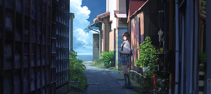 Anime school girl, sea, horizon, clouds, buildings, short brown hair, Anime,  HD wallpaper | Peakpx