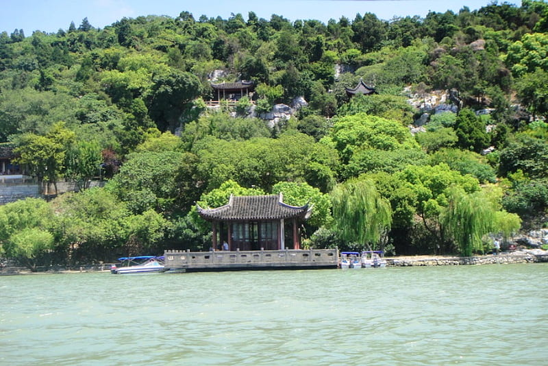 Lake view, pavilion, tree, large, freshwater lake, HD wallpaper