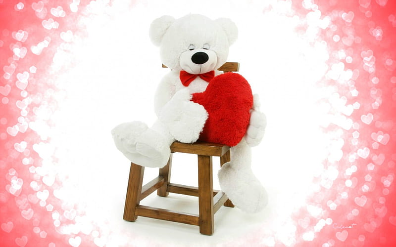 Happy Valentine's Day!, red, teddy, toy, bear, by cehenot, valentine, sweet, cute, bokeh, heart, chair, white, pink, HD wallpaper