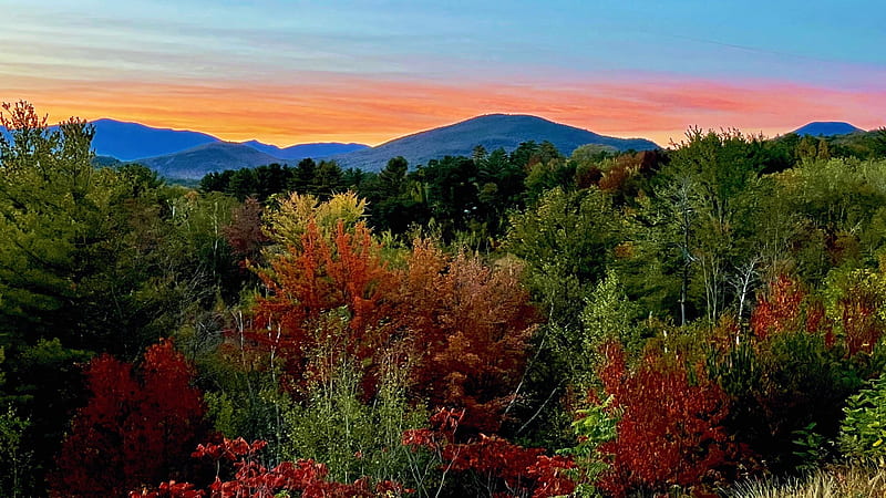 Sunset in the White Mountains in New Hampshire, fall, landscape, trees, colors, sky, forest, mountains, usa, HD wallpaper