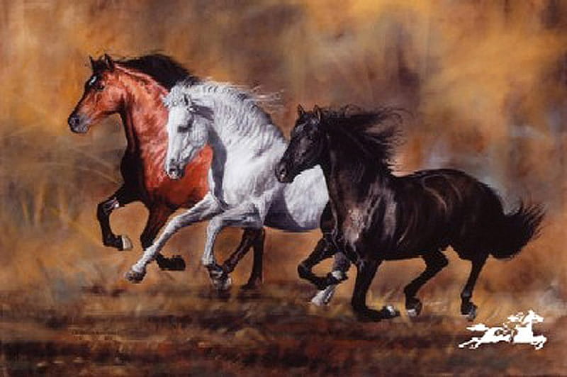 3 horses, art, painting, horse, run, animal, HD wallpaper