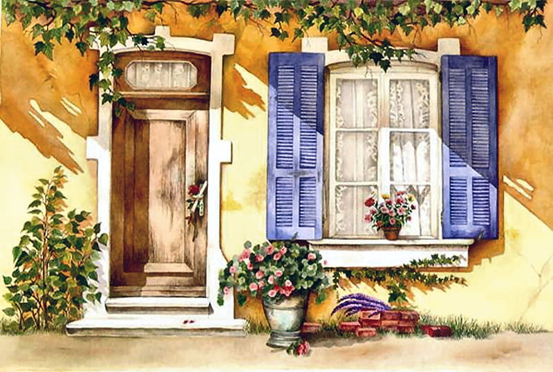 Entrance Door and Window F, architecture, art, window, cottage, bonito, artwork, door, entrance, painting, wide screen, flowers, flower pot, scenery, landscape, HD wallpaper