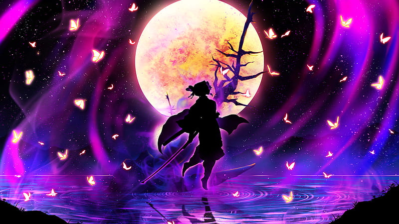 Demon Slayer Shinobu Kochou With Background Of Moon Stars And Lighting Butterflies Anime, HD wallpaper
