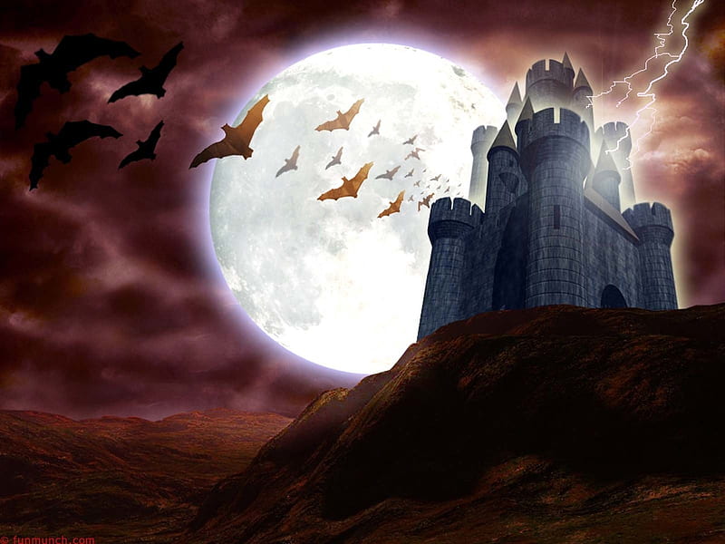 SAVE THE DATE!!!!, Haunted Castle, Red, Sky, Kens Home, Spooky, Desolate, Lightning, dark, Landscape, Castle, Clouds, Moon, Eerie, Bats, Powerful Magic, Night, HD wallpaper