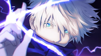 An teenage anime boy with white frosty hair, glowing blue eyes, a