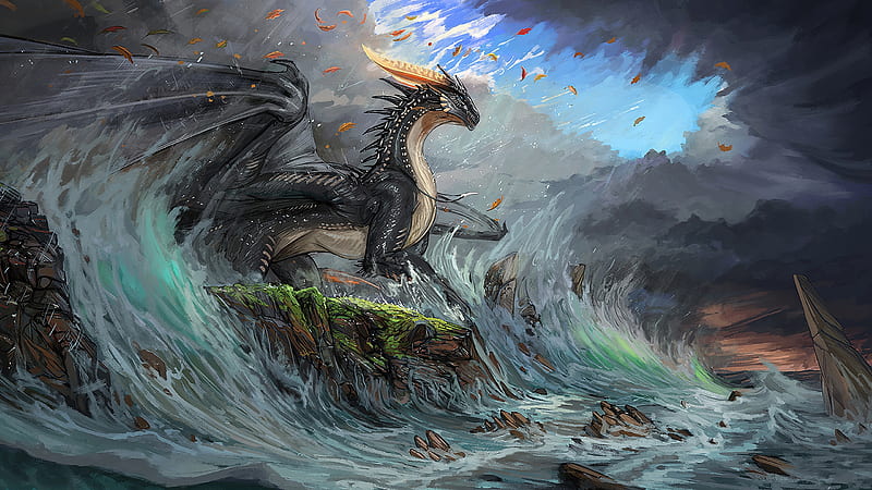 fantasy creature, dragon, ocean, waves, battle, concept art, Fantasy, HD wallpaper