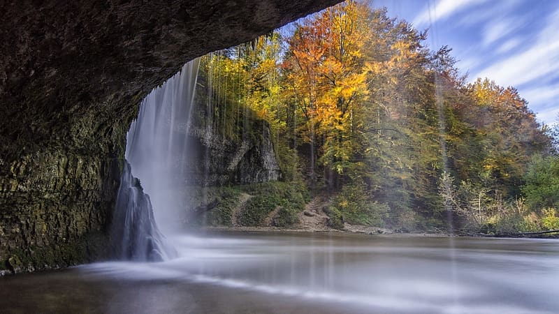 Waterfall and Autumn Trees, fall, river, leaves, trees, colors, cave, rocks, pond, HD wallpaper