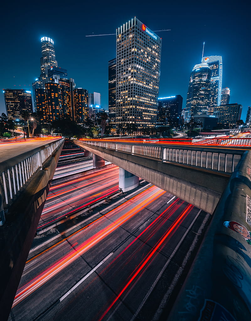 california, los angeles, skyscrapers, night, bridge, time-lapse, graphy, united states, City, HD phone wallpaper