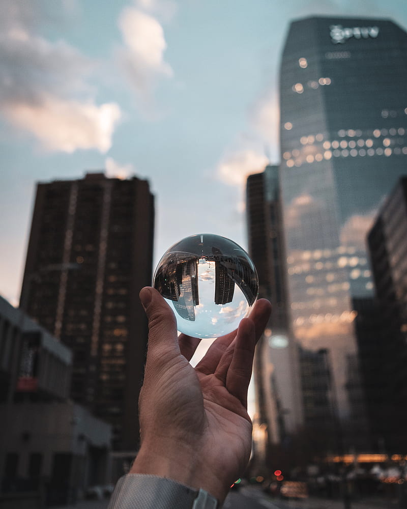 crystal ball, ball, hand, reflection, city, buildings, HD phone wallpaper