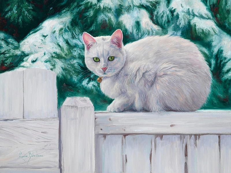 Cat, fence, art, animal, winter, green, snow, painting, white, pictura, pisica, lucie bilodeau, HD wallpaper