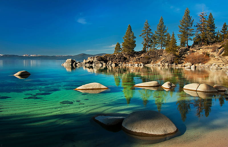 Sand Harbour in Lake Tahoe, Lake, Nevaa, Nevada, Stones, Reflection, HD wallpaper