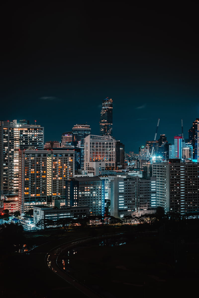 night city, buildings, aerial view, dark, lights, HD phone wallpaper
