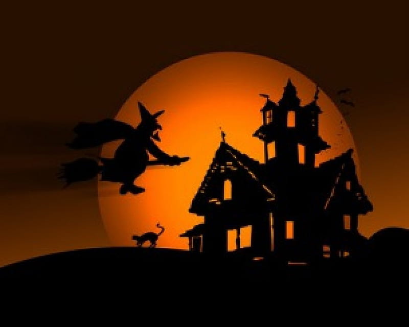 HALLOWEEN, witch, orange, hallowee, haunted house, HD wallpaper