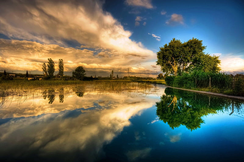 Reflection of Spring Lake high definition, bonito, seasons, clouds, landscape, cenario, nice, scenario, landscapes, beauty, paisage, scenery, rivers, amazing, reflex, lakes, paysage, cena, colors, spring, sky, trees, peisaje, panorama, water, paisagem, cool, awesome, nature, reflections, scene, HD wallpaper