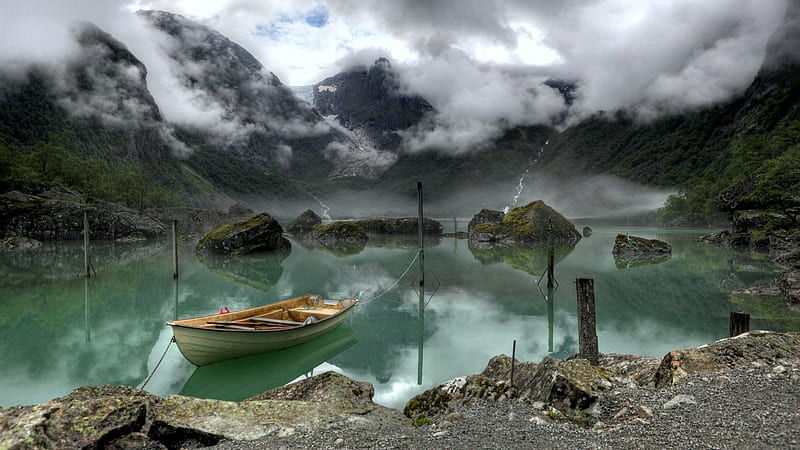 Boat in a Norwegian Fjord, mountains, norway, landscape, rock, clouds, scandinavia, HD wallpaper