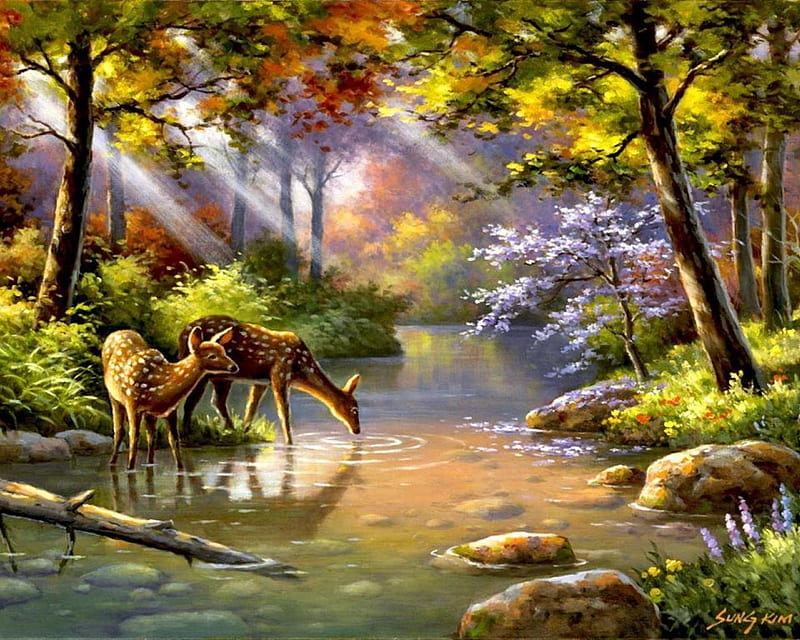 roes on the stream, stream, roes, deer, animals, painting, HD wallpaper