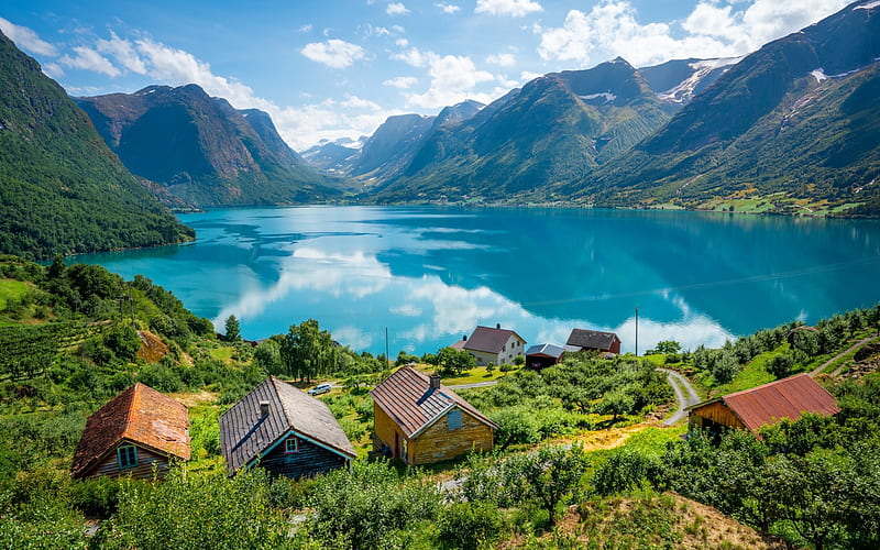 Sogn og Fjordane, mountain lake, summer, beautiful mountain landscape, village, Norway, HD wallpaper