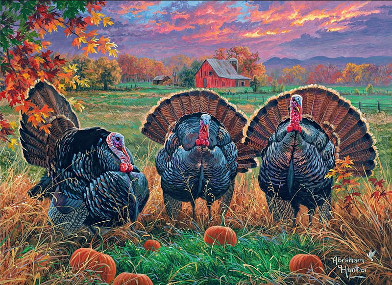 Thanksgiving Turkeys, sunset, trees, field, barn, fall, poultry, colors, artwork, ns, painting, pumpkins, HD wallpaper