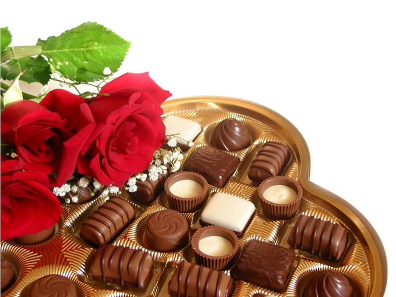 Red Roses and Chocolates, red roses, chocolates, heart shaped box, HD wallpaper