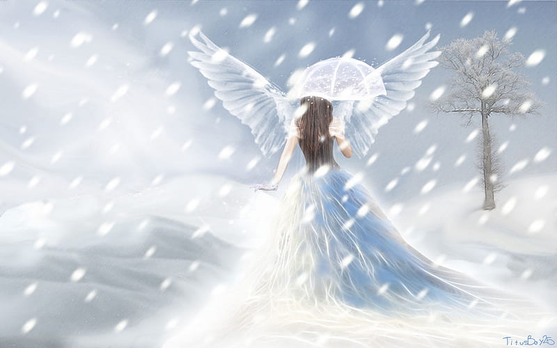 Snow Angel, snowing, snow, umbrella, bonito, white angel, winter, HD wallpaper