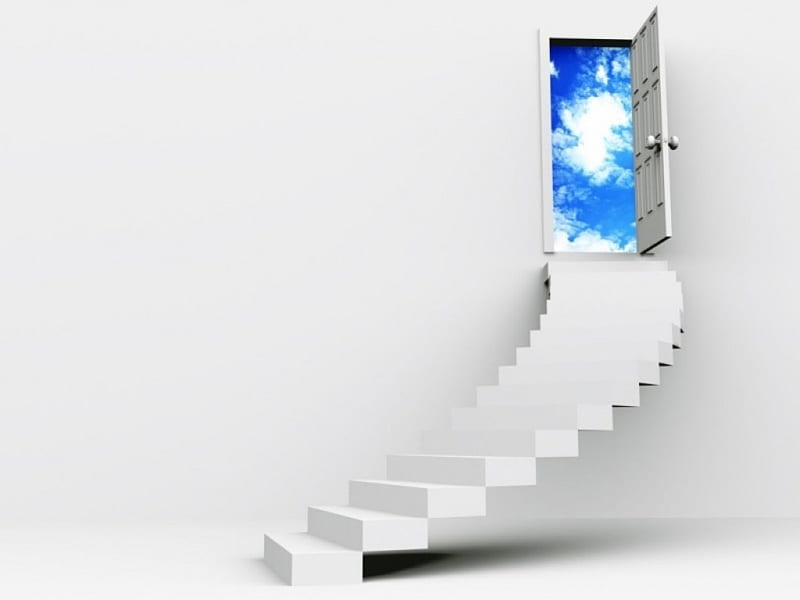 Way to Heaven, heaven, stairs, open, white, sky, blue, door, HD wallpaper