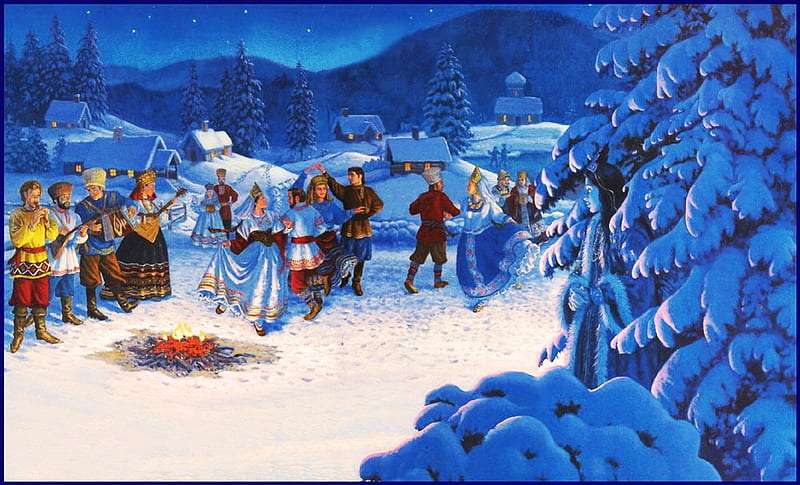 Christmas Dancing, music, houses, artwork, firs, winter, snow, people, painting, ice, village, nature, tradition, HD wallpaper