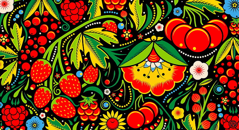 pattern, berry, flowers, painting, HD wallpaper