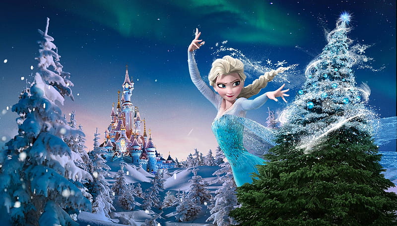 Christmas Frozen, luminos, movie, elsa, winter, tree, fantasy, girl, snow queen, ice, castle, frozen, princess, disney, blue, HD wallpaper