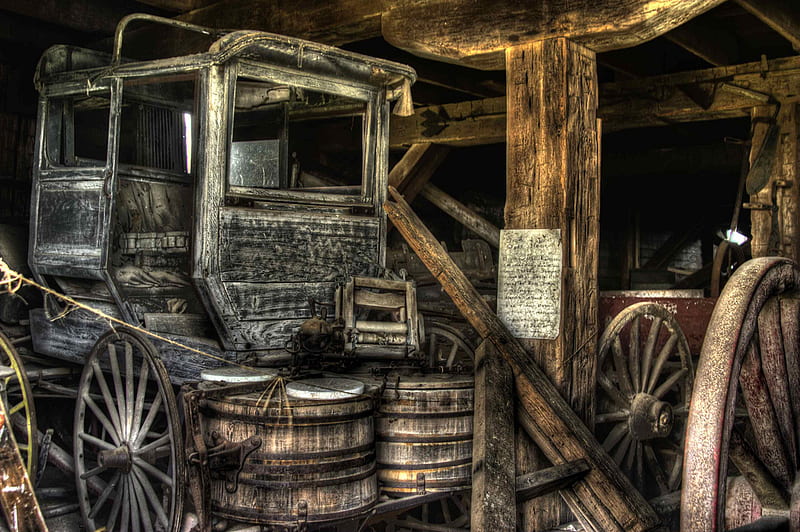 Family Stagecoach, transportaion, shed, barrels, old, wagon wheels, carriage, barn, farm, antique, wagon, stagecoach, farmstead, HD wallpaper