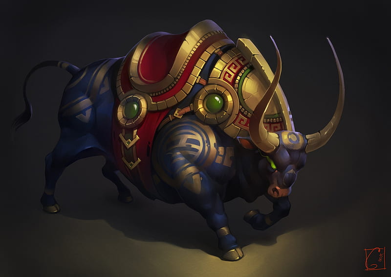Bull, art, fantasy, gaudibuendia, horns, HD wallpaper