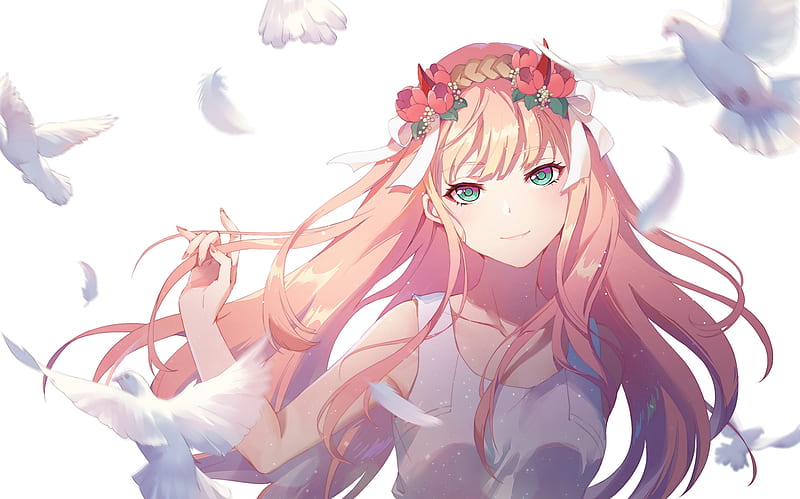 zero two, darling in the franxx, pink hair, long hair, seagulls, smiling, Anime, HD wallpaper