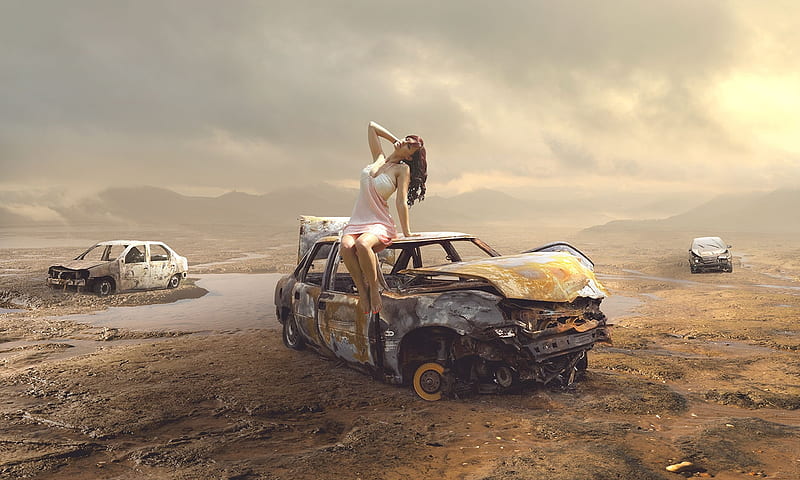 Car Wreck, art, carros, desert, girl, digital, HD wallpaper