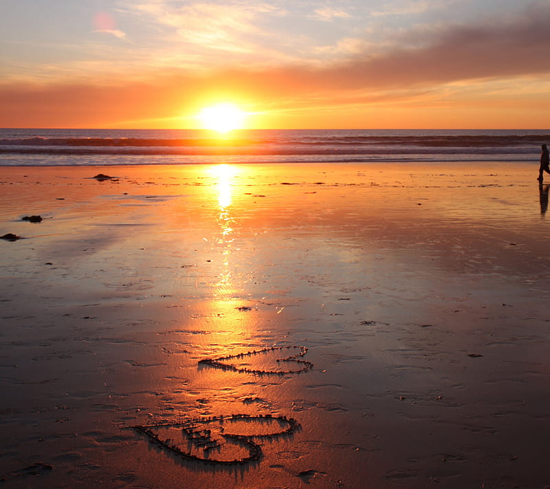 Love Footsteps, beach, corazones, love hearts, sea, sun, sunset, HD wallpaper