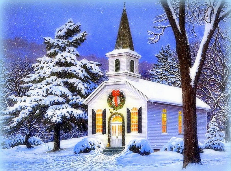 ★Christmas Blessings★, holidays, christmas, white trees, love four seasons, xmas and new year, winter, wreaths, holy, paintings, snow, churches, traditional art, HD wallpaper