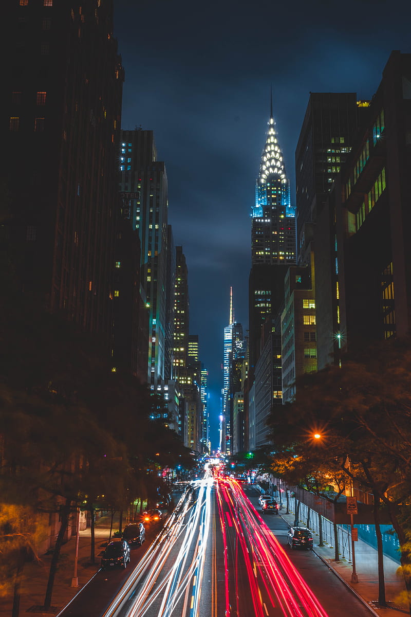 night city, long exposure, city lights, road, new york, usa, HD phone wallpaper