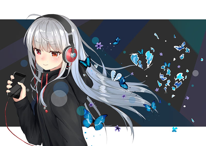 anime girl, crying, tears, white hair, heterochromia, headphones, smartphone, Anime, HD wallpaper