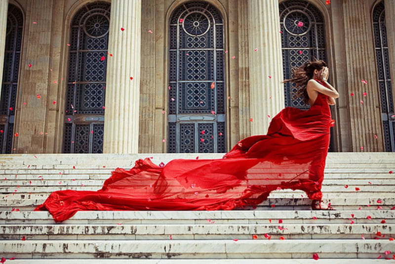 Lady In Red, red, dress, red dress, shy, stairs, bonito, woman, leafs, city, beauty, female, model, cover, church, brunette, windy, lady, HD wallpaper
