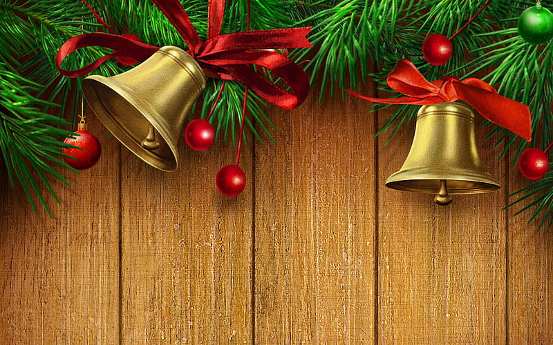 golden christmas bells, xmas decorations, New Year, christmas wooden background, christmas decorations, golden xmas bells, HD wallpaper